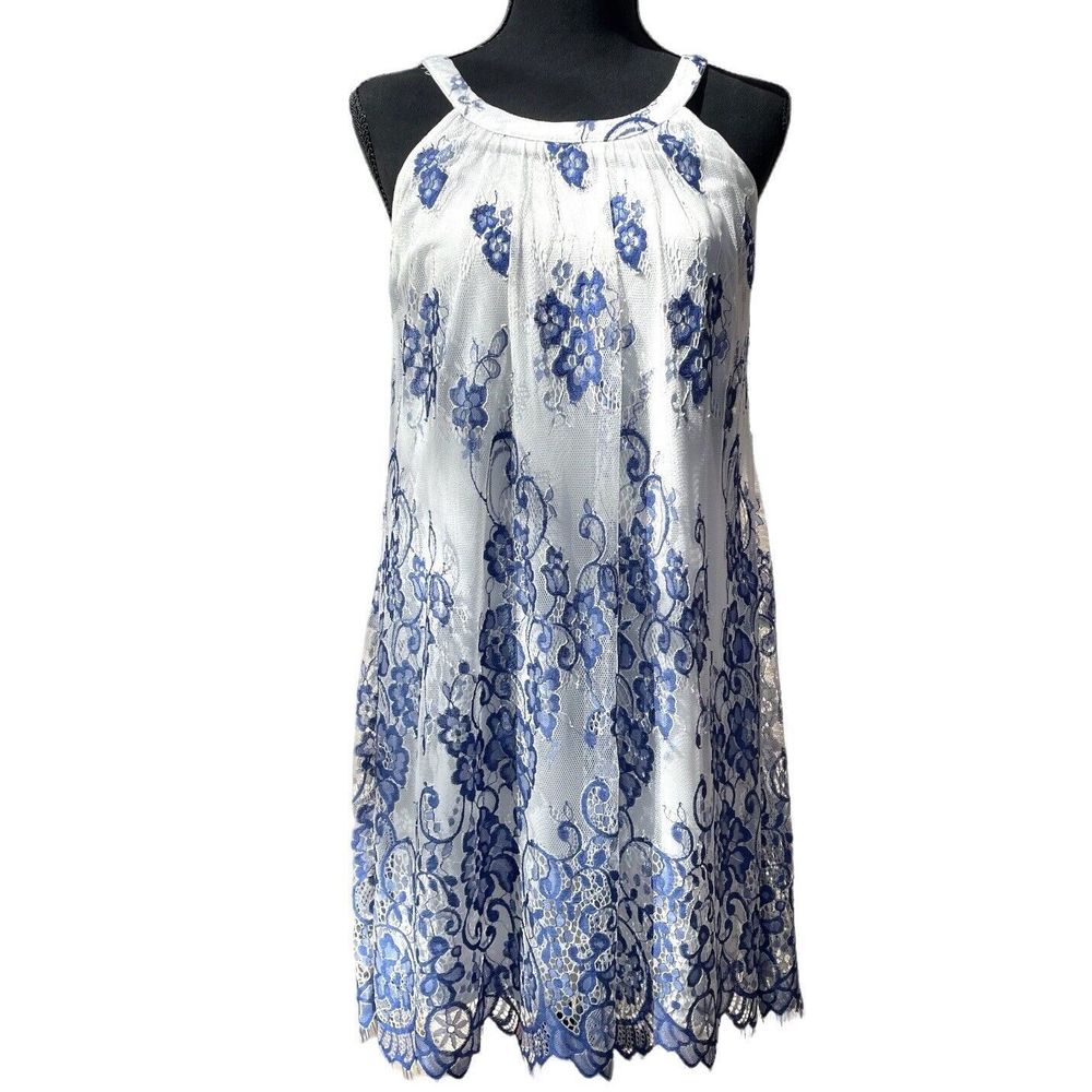 ALTAR’D STATE Lace Sleeveless Summer Dress Blue White Floral Scallop Hem…